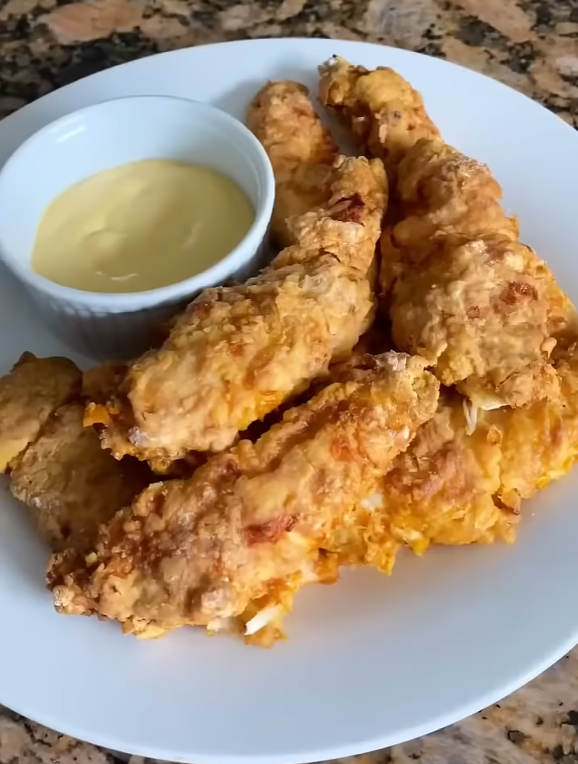 Knusprige Chicken Tenders mit cremigem Dip auf einem weißen Teller