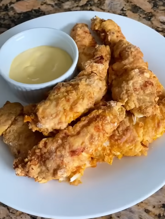 Knusprige Chicken Tenders mit cremigem Dip auf einem weißen Teller
